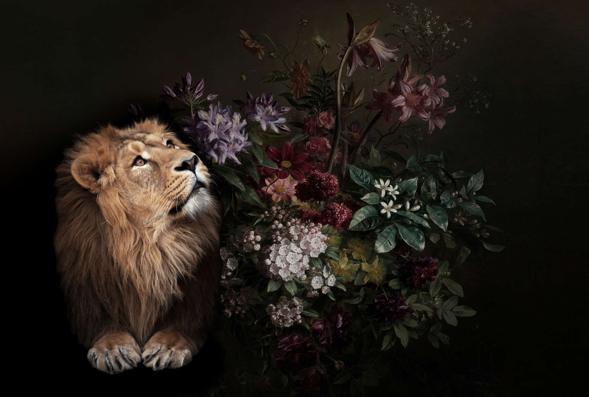             Papier peint panoramique Portrait de lion avec fleurs - Walls by Patel
        