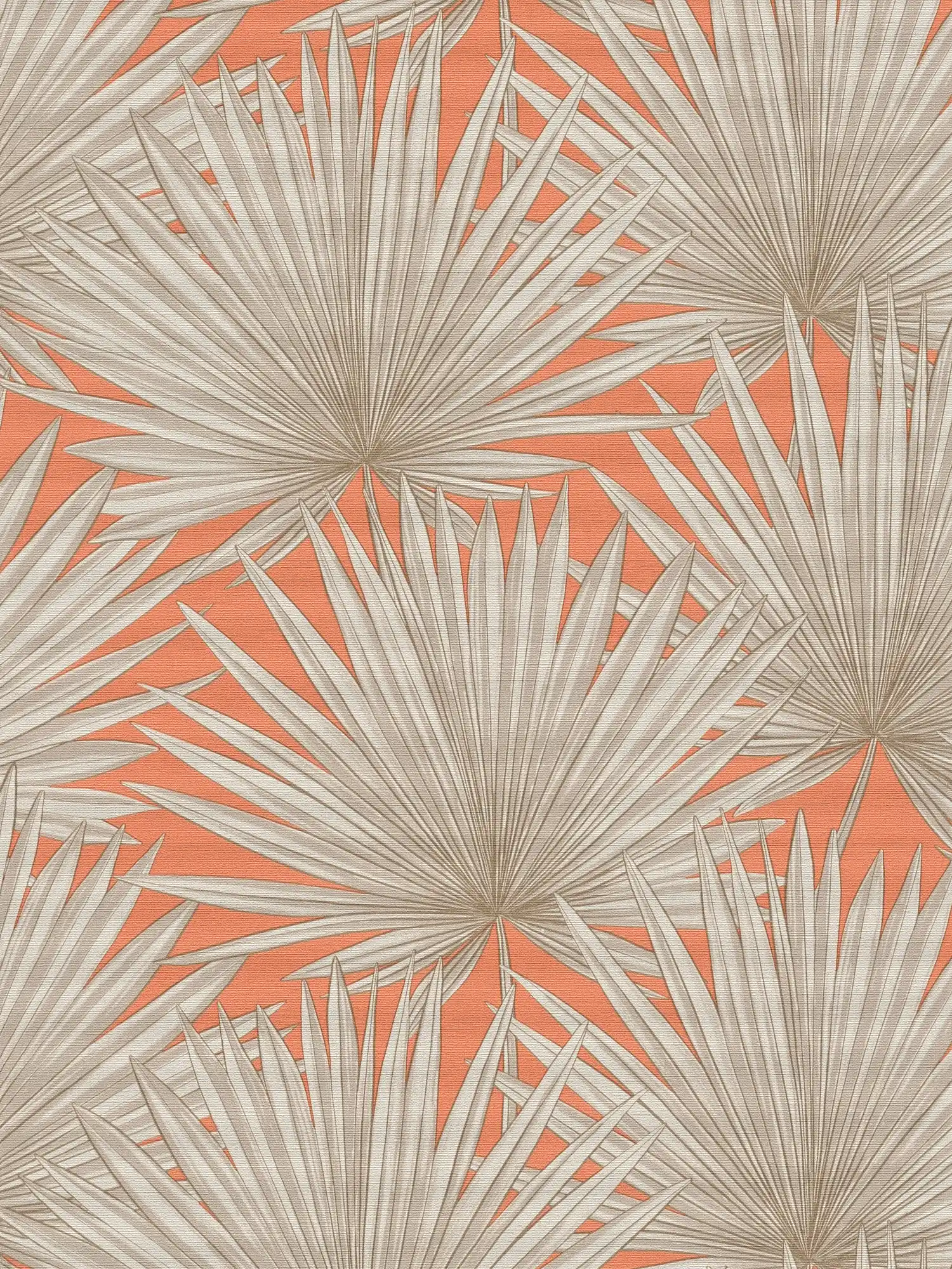 Non-woven wallpaper with tropical leaves - orange, greige, white
