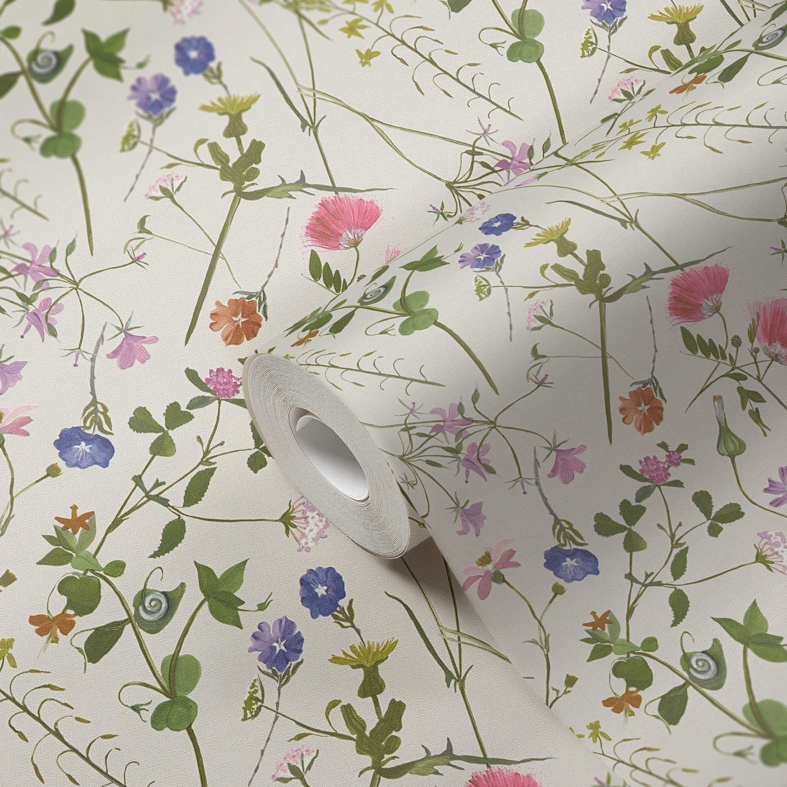             Papier peint intissé avec différentes fleurs et feuilles - crème, vert, multicolore
        