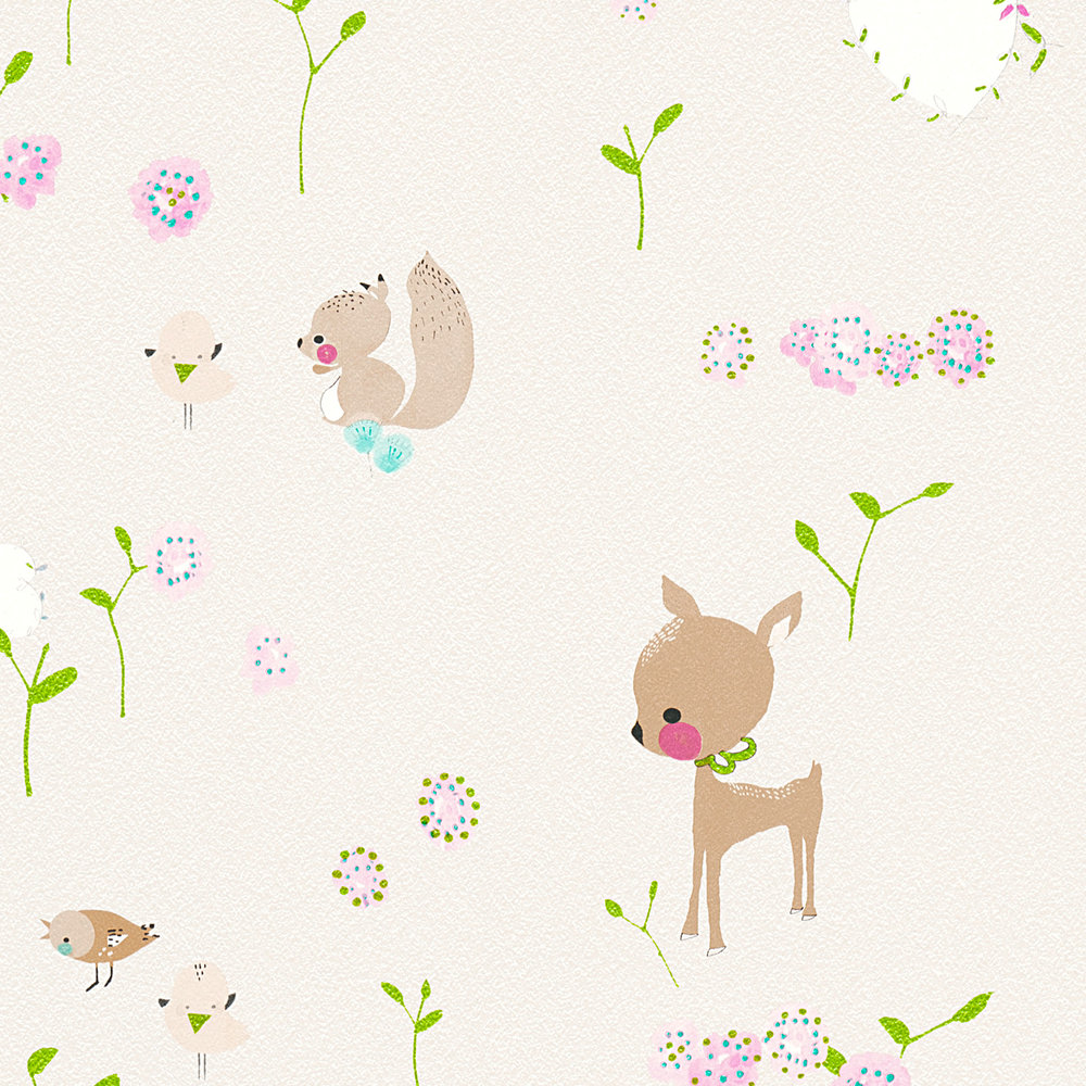             Papier peint enfant avec animaux de la forêt lapin, chevreuil & écureuil - beige, marron
        