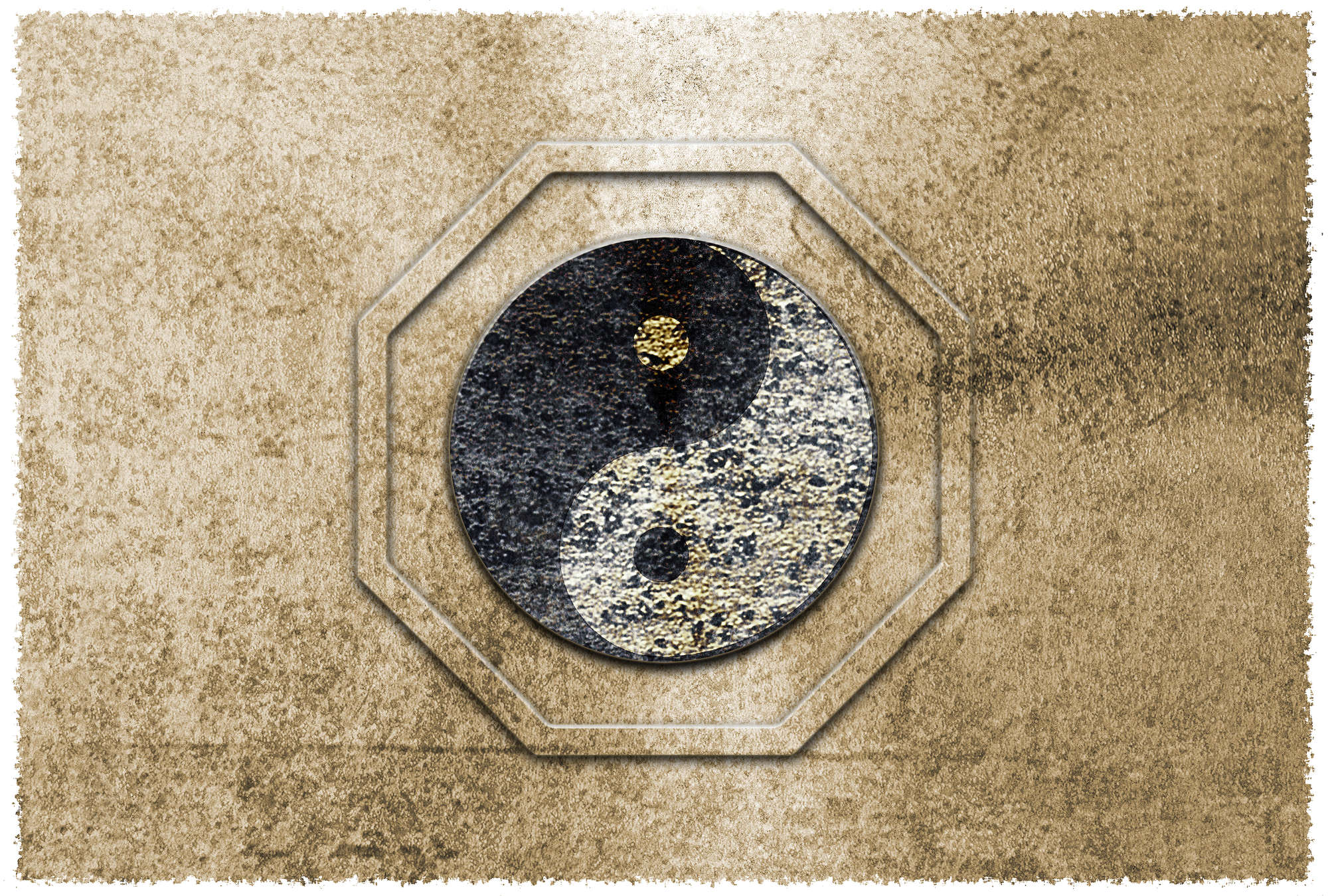             Papel pintado Yin&Yang, símbolo asiático y acento dorado - Marrón, negro, blanco
        