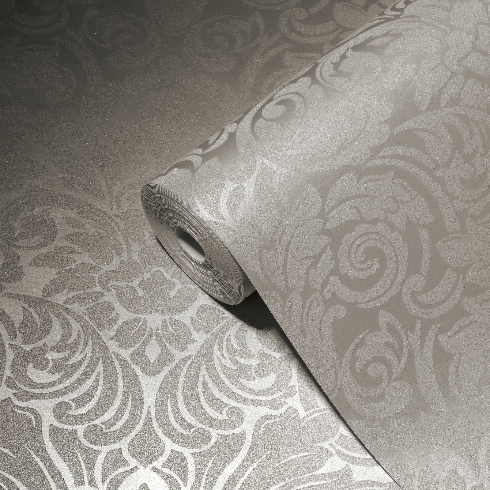             Ornamental wallpaper with metallic effect and floral design - silver, cream
        