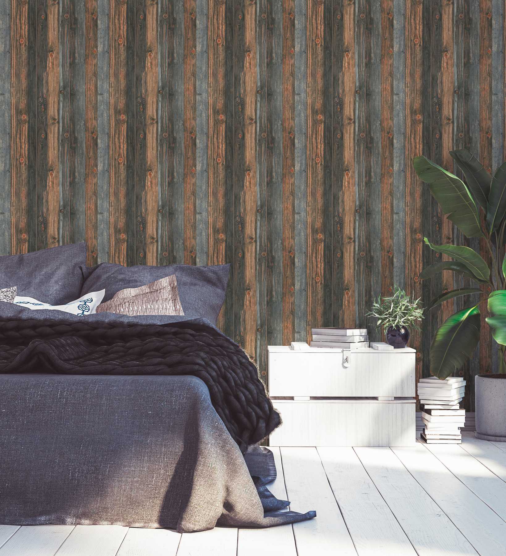             Houten behang met plankenmotief, houtstructuur en -nerf - bruin, grijs, beige
        