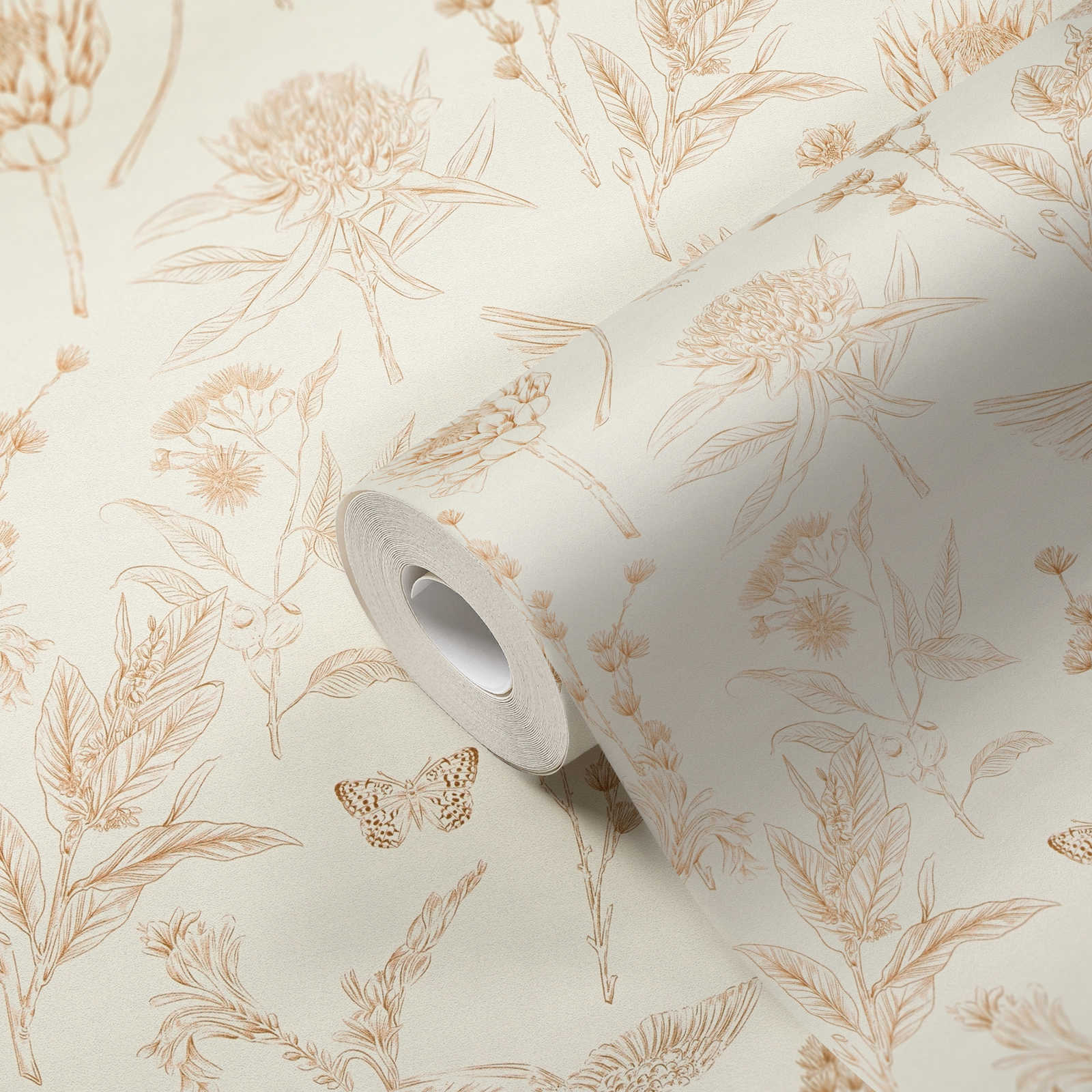             Floral wallpaper with leaves & animals textured matt - white, brown, beige
        