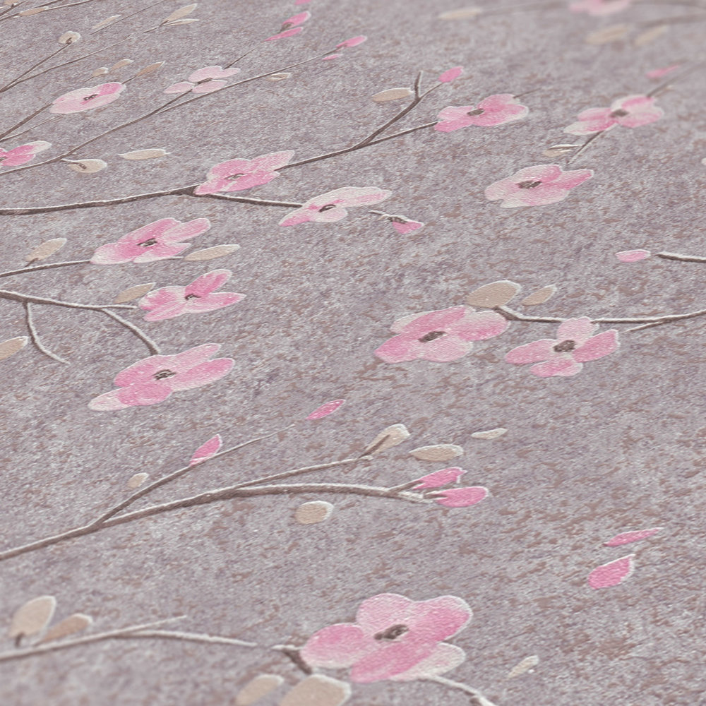             Behang in Aziatische stijl met kersenbloesemmotief - grijs, roze
        
