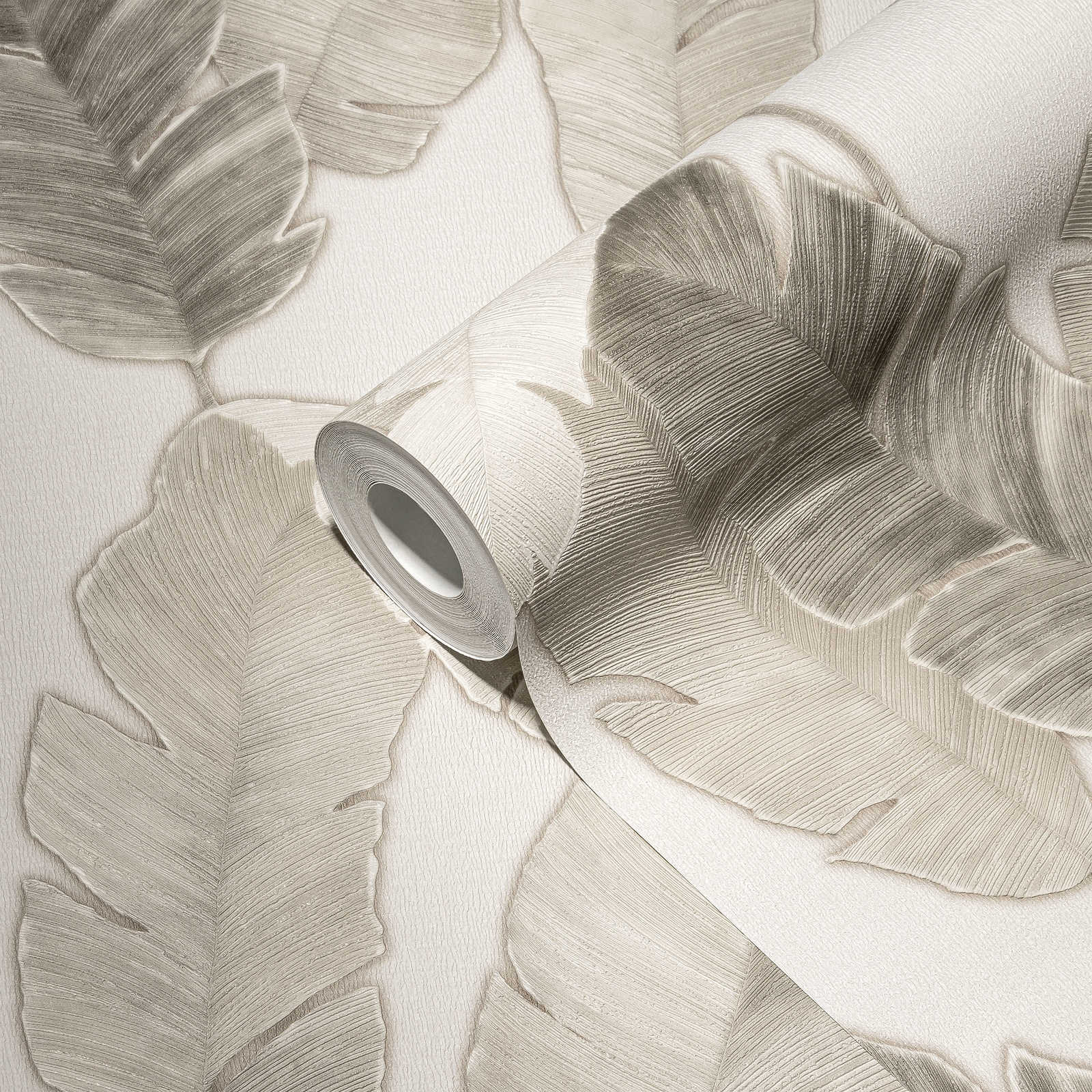             Papel pintado no tejido con sutiles hojas de palmera - blanco, beige, gris
        