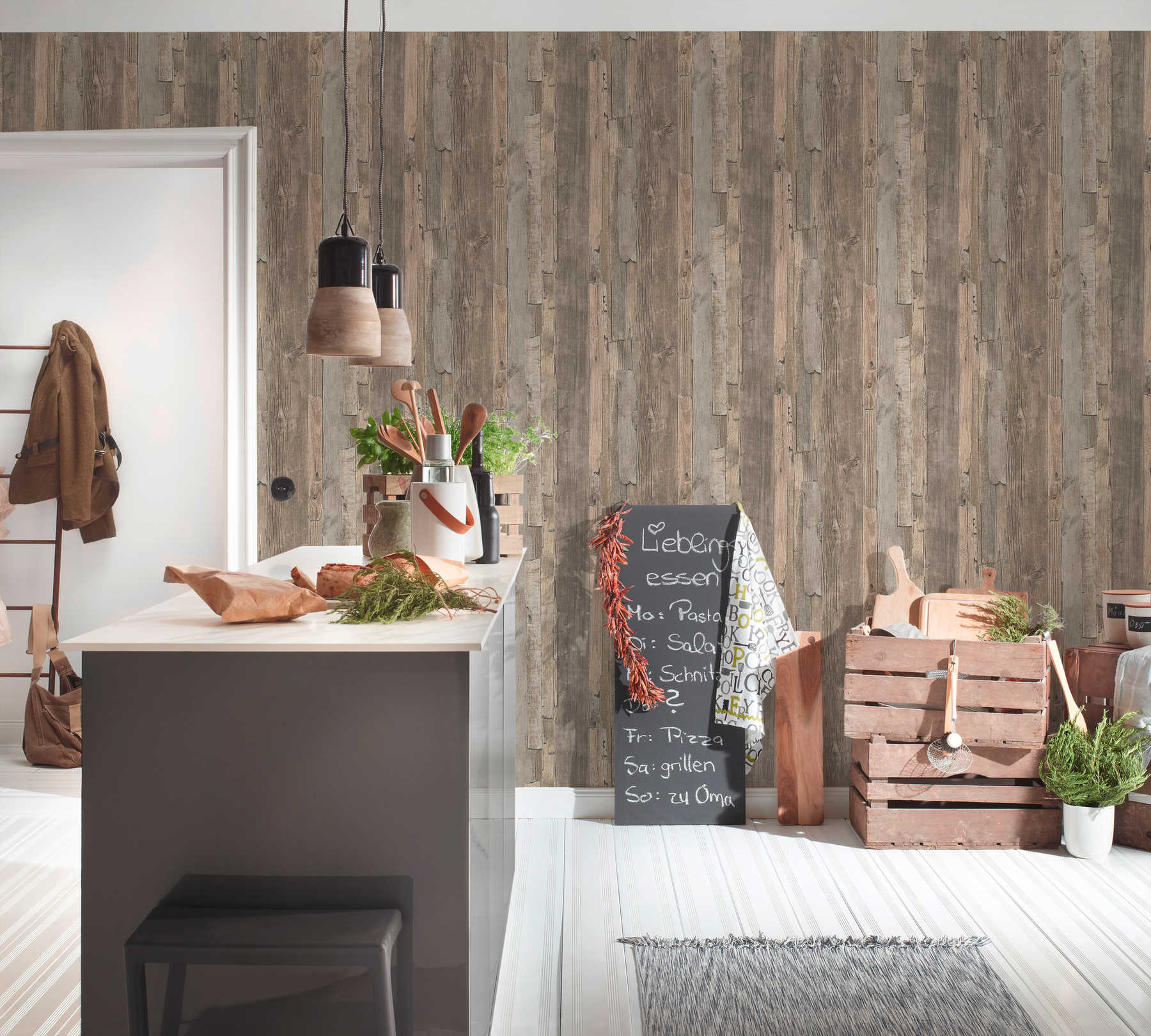             Wallpaper with board pattern, wood in used design - beige, brown
        