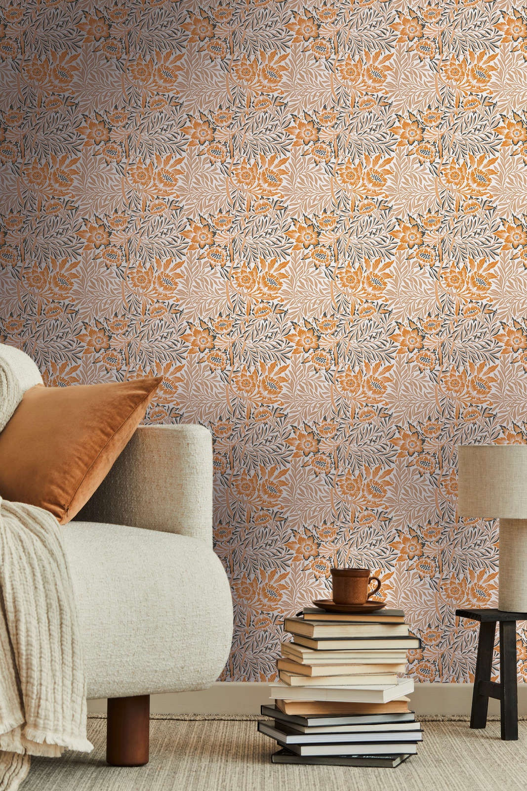             Non-woven wallpaper with flowers and leaf tendrils - orange, beige, white
        