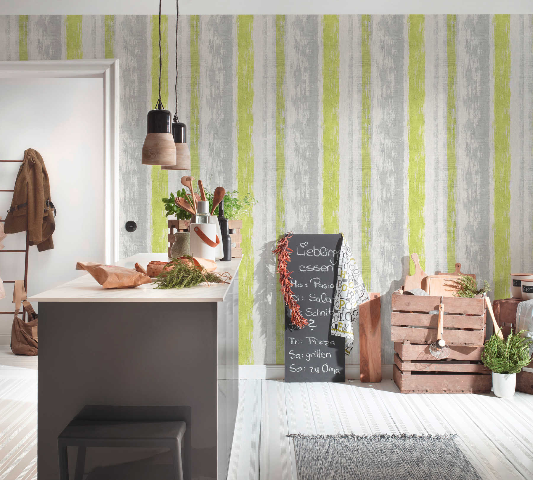             Striped wallpaper with plaster texture & coloured accent - grey, green, yellow
        