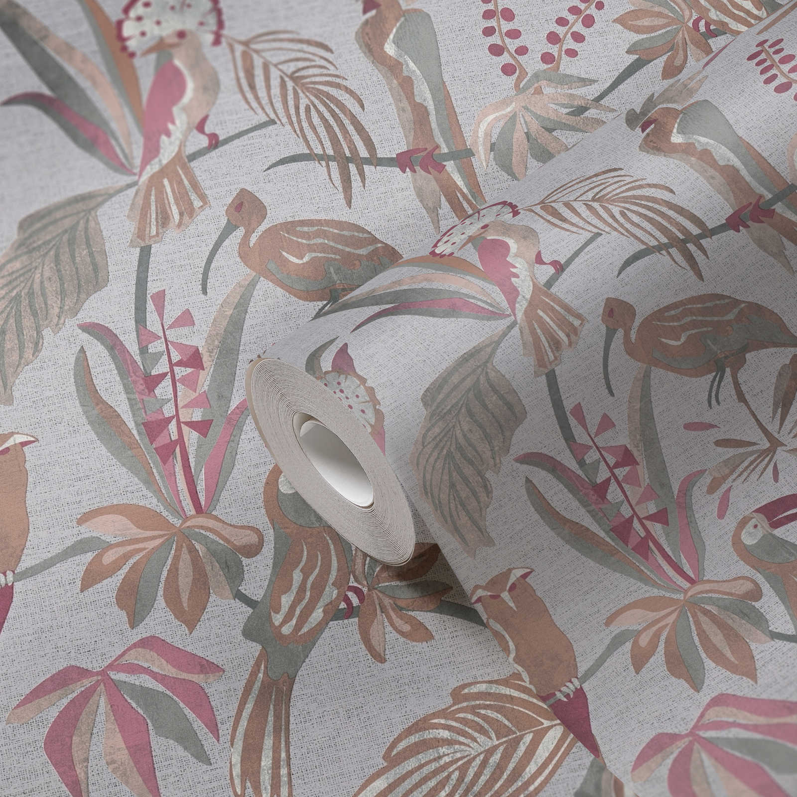             Wallpaper with tropical plants & birds in linen look - grey, brown, red
        