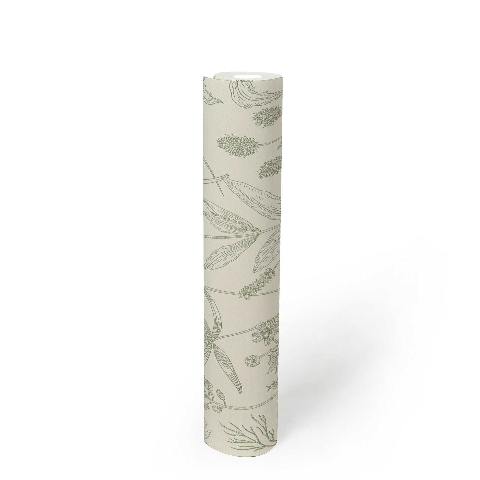             Papel pintado no tejido con motivos florales y acentos metálicos - verde, plata, blanco
        