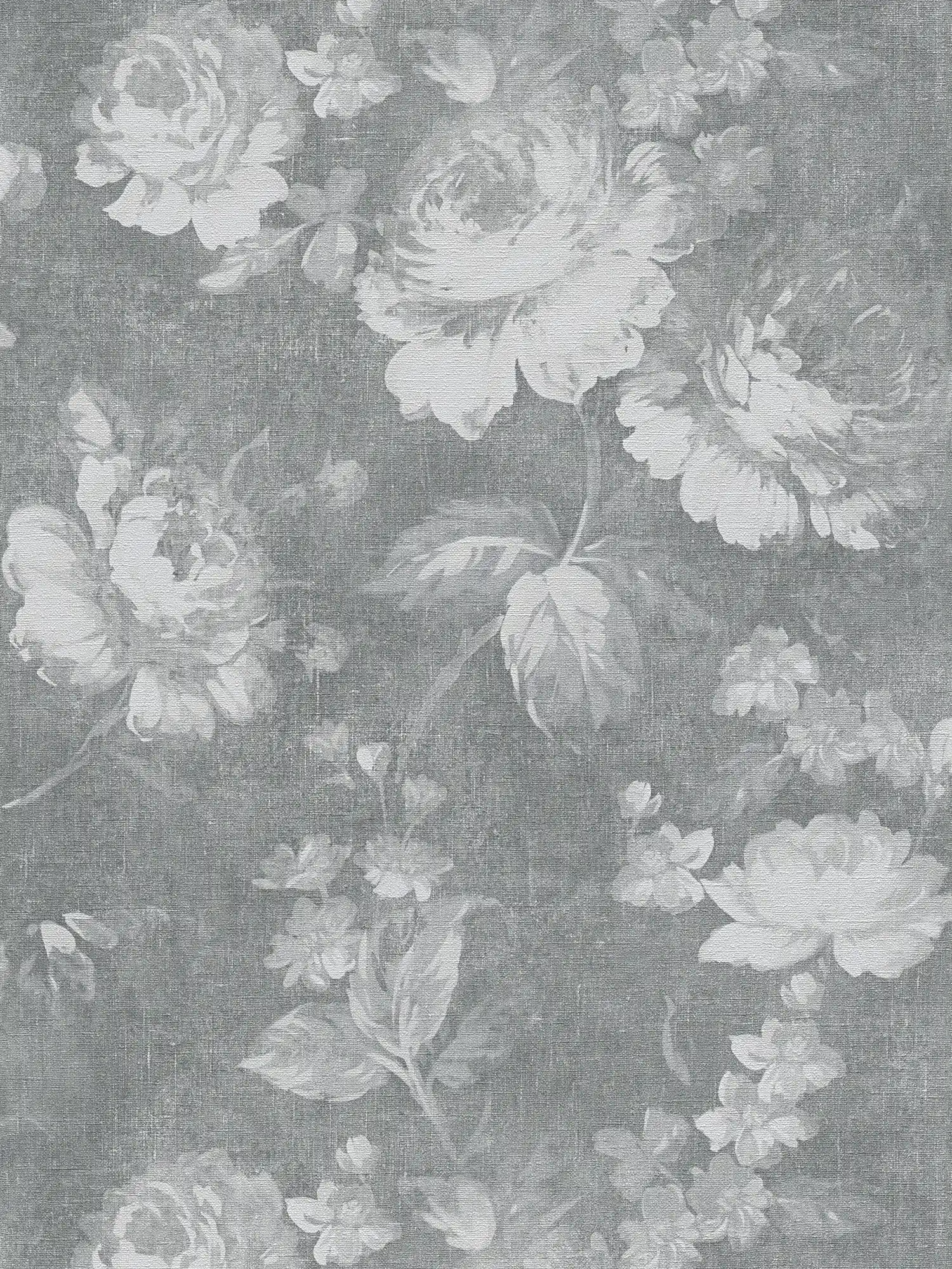 Papier peint fleuri avec motif de roses vintage - Gris
