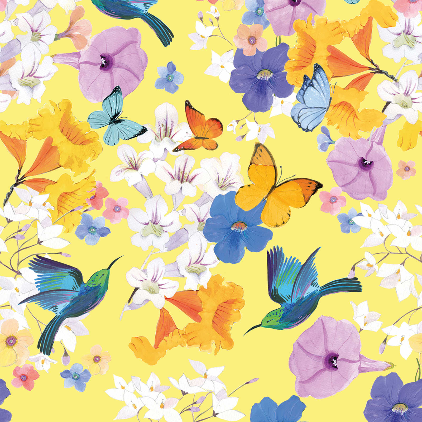 Papel pintado floral con mariposas y pájaros - colorido, amarillo, azul
