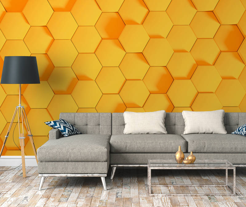             Honeycomb pattern with 3D optics photo wallpaper - Orange
        