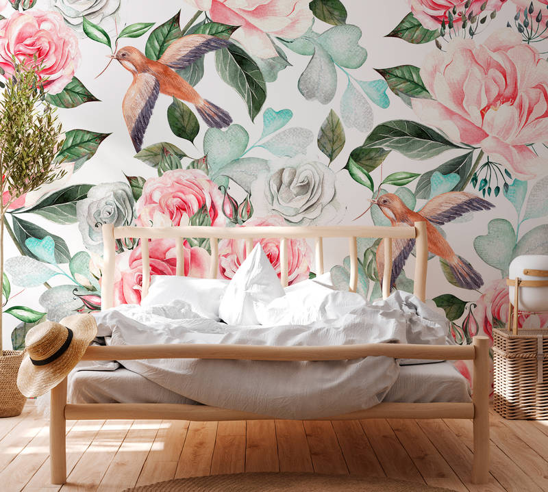             Vintage wall mural with flowers & birds - colourful, pink, green
        