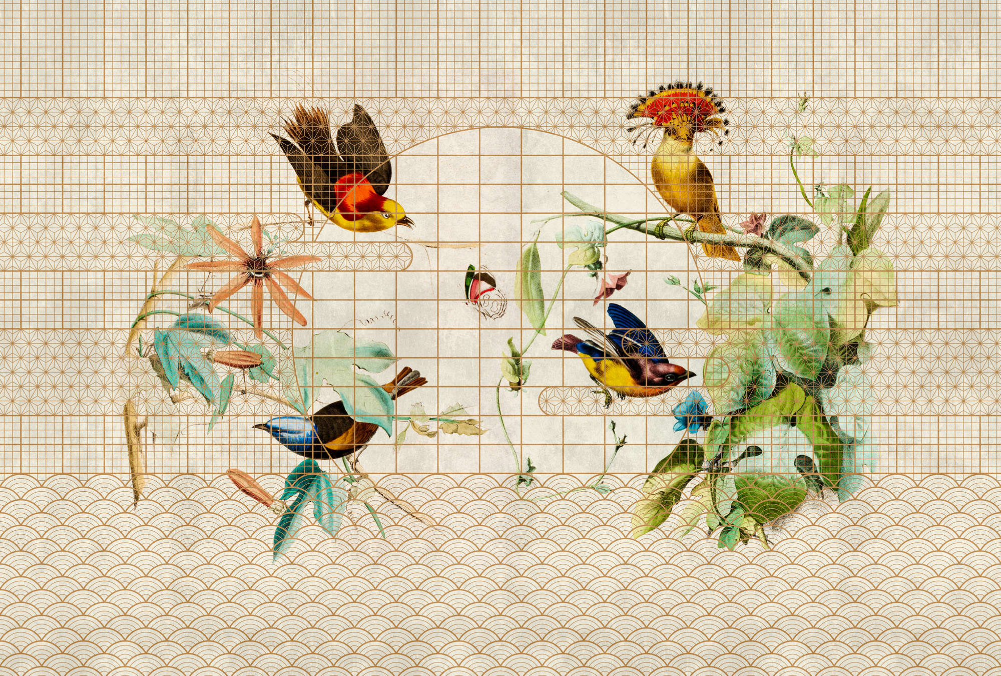             Volière 1 - Muurschildering vogels & vlinders in gouden volière
        