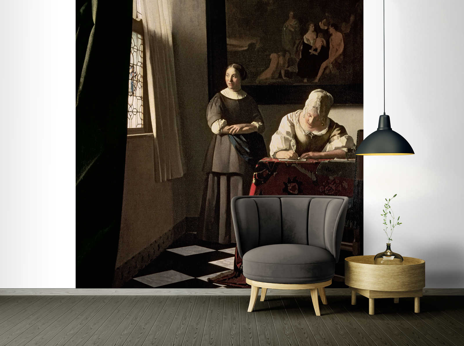             Muurschildering "Dame schrijft brief met dienstmeid" van Jan Vermeer
        