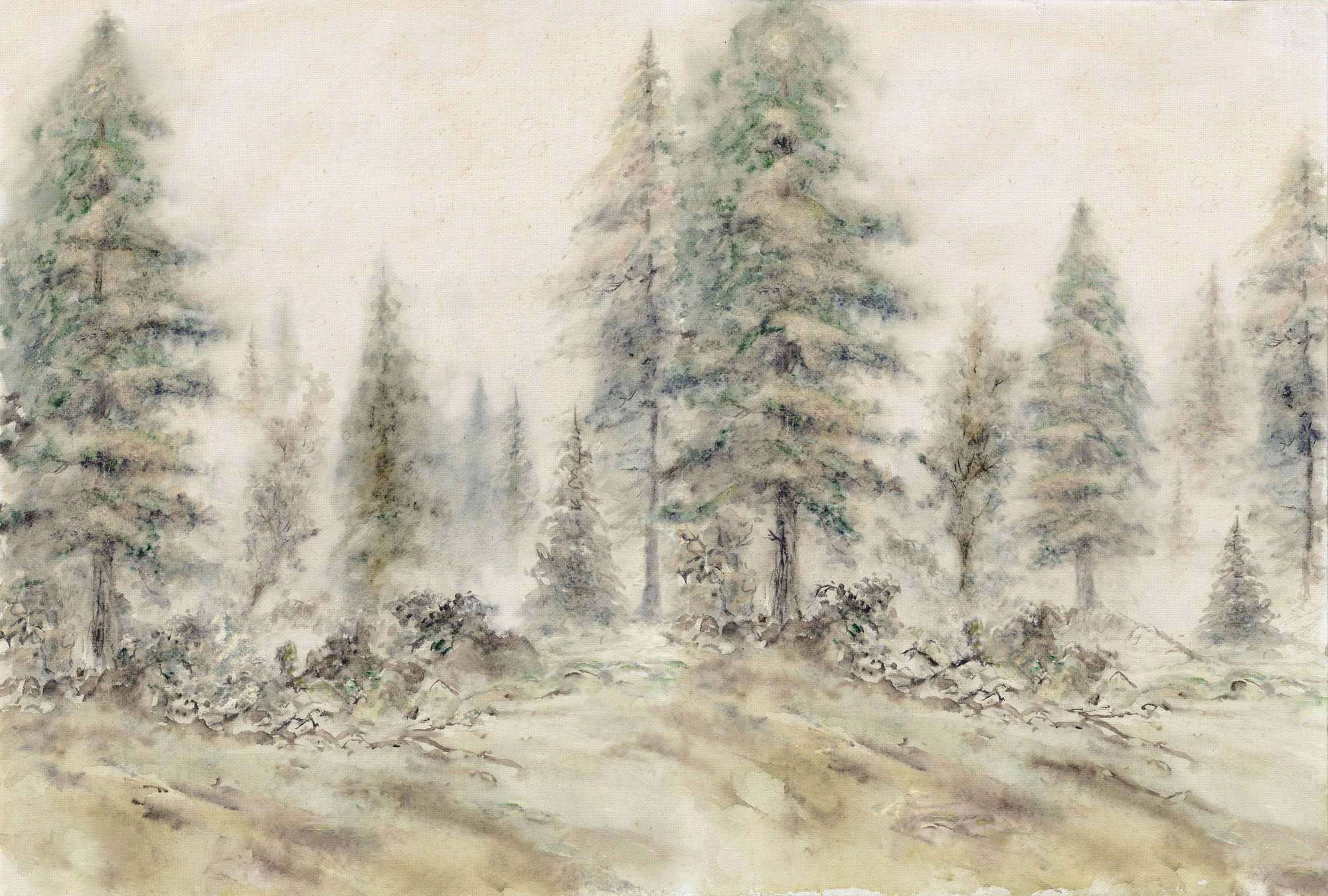             Forest mural, trees & landscape in watercolour style - brown, green, beige
        