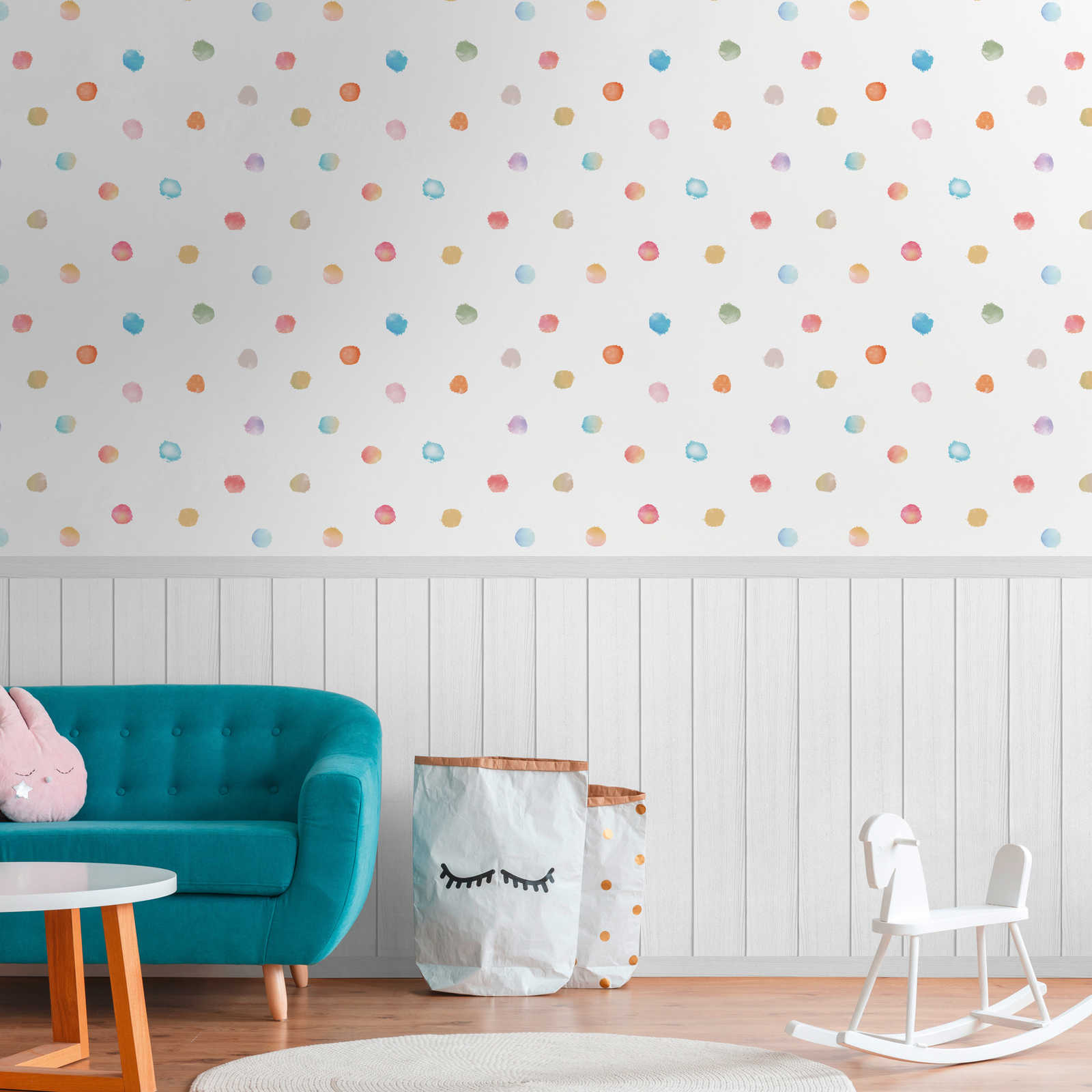 Non-woven motif wallpaper with wood-effect plinth border and dot pattern - white, grey, colourful
