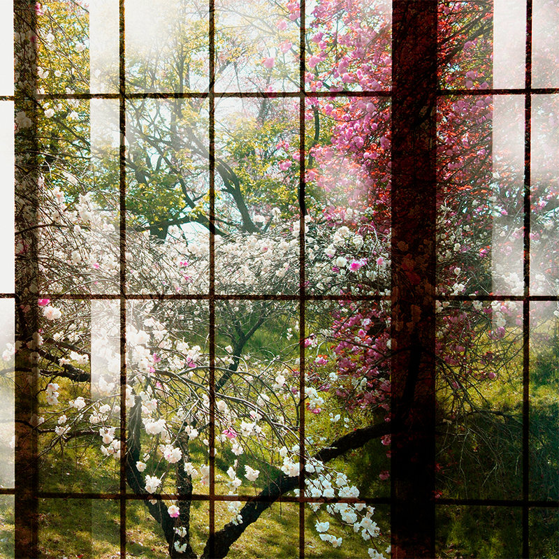 Orchard 1 - Photo wallpaper, Window with garden view - Green, Pink | Matt smooth fleece
