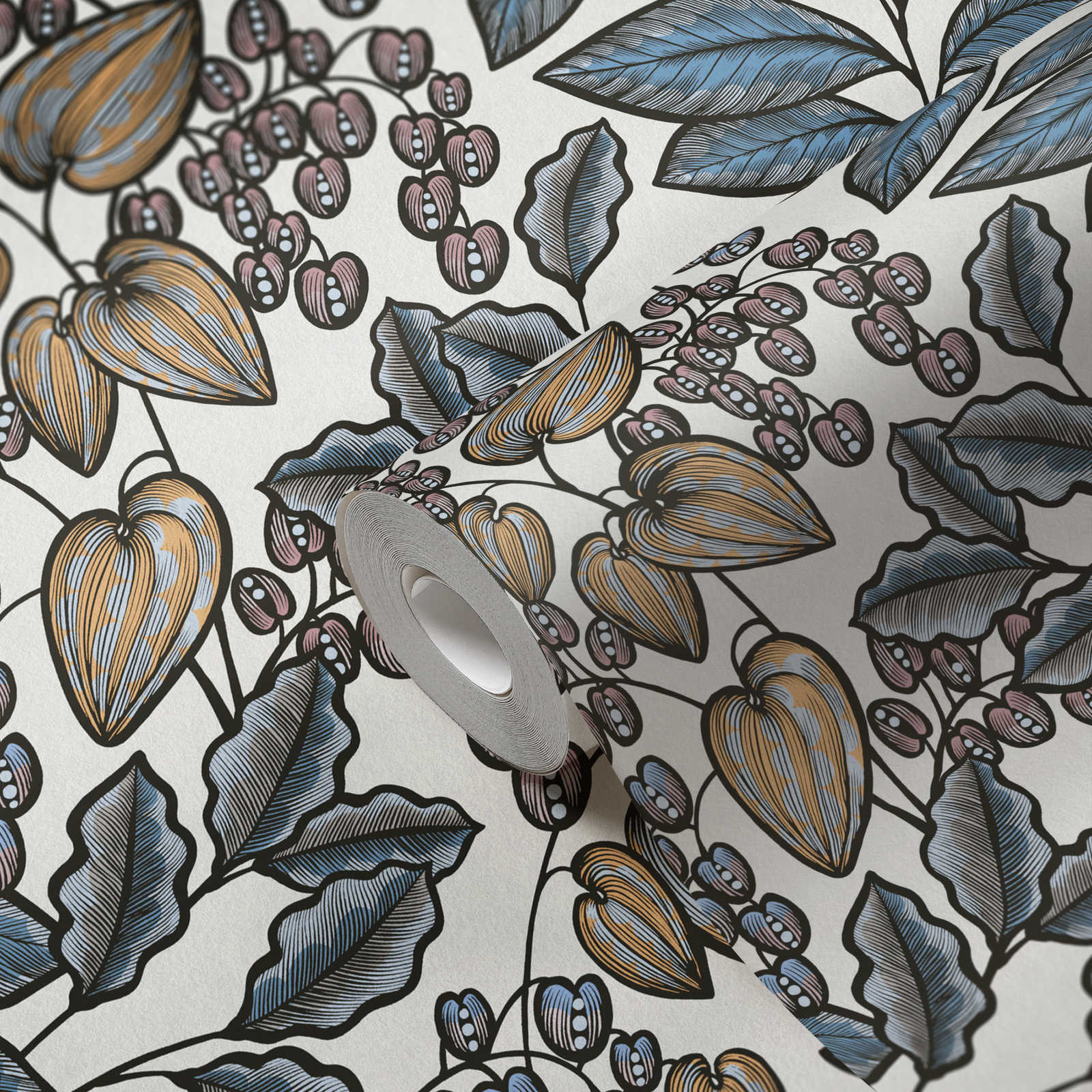             Modern wallpaper leaves pattern in retro look - blue, white, yellow
        