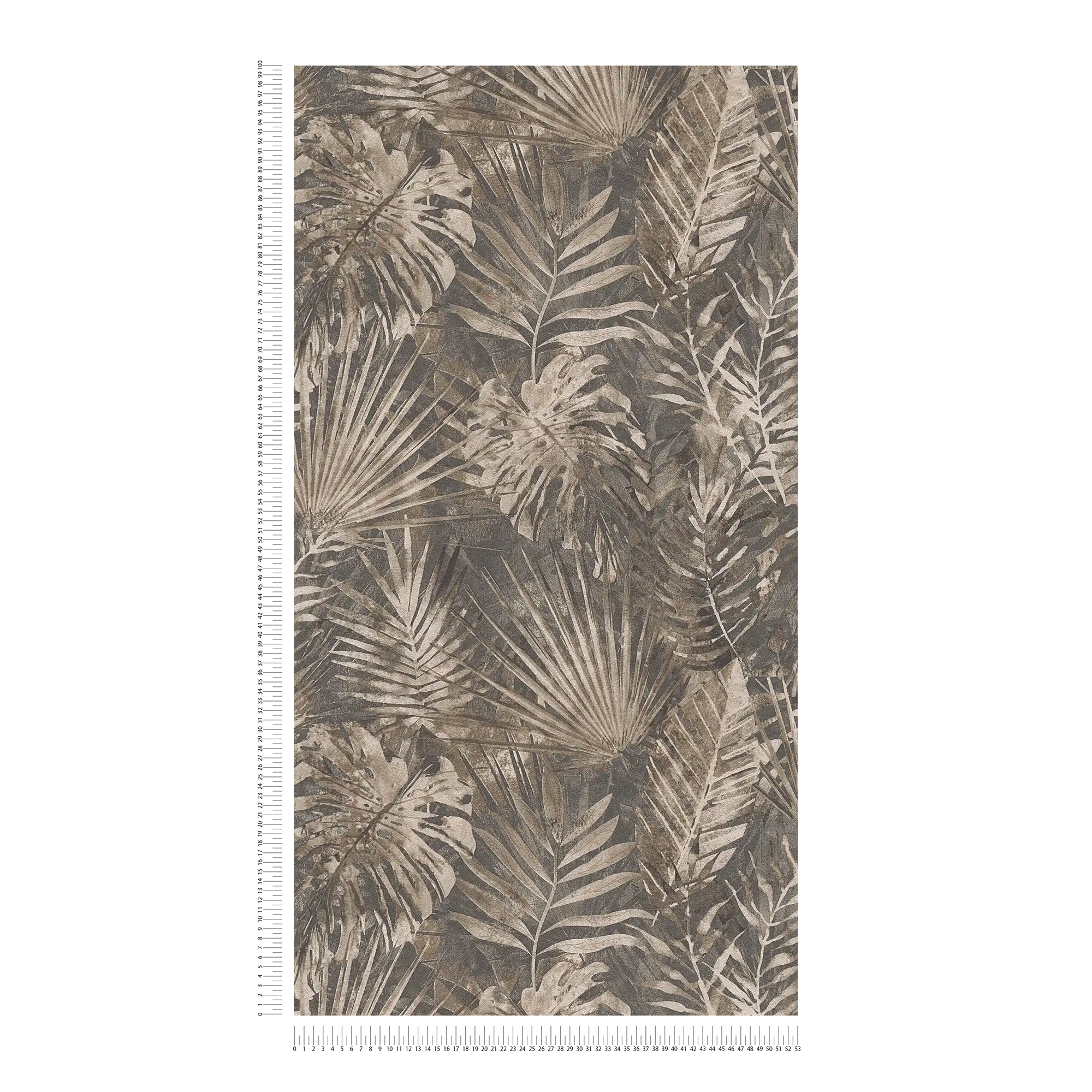             Jungle behang met tropisch bladmotief PVC-vrij - bruin, beige, antraciet
        