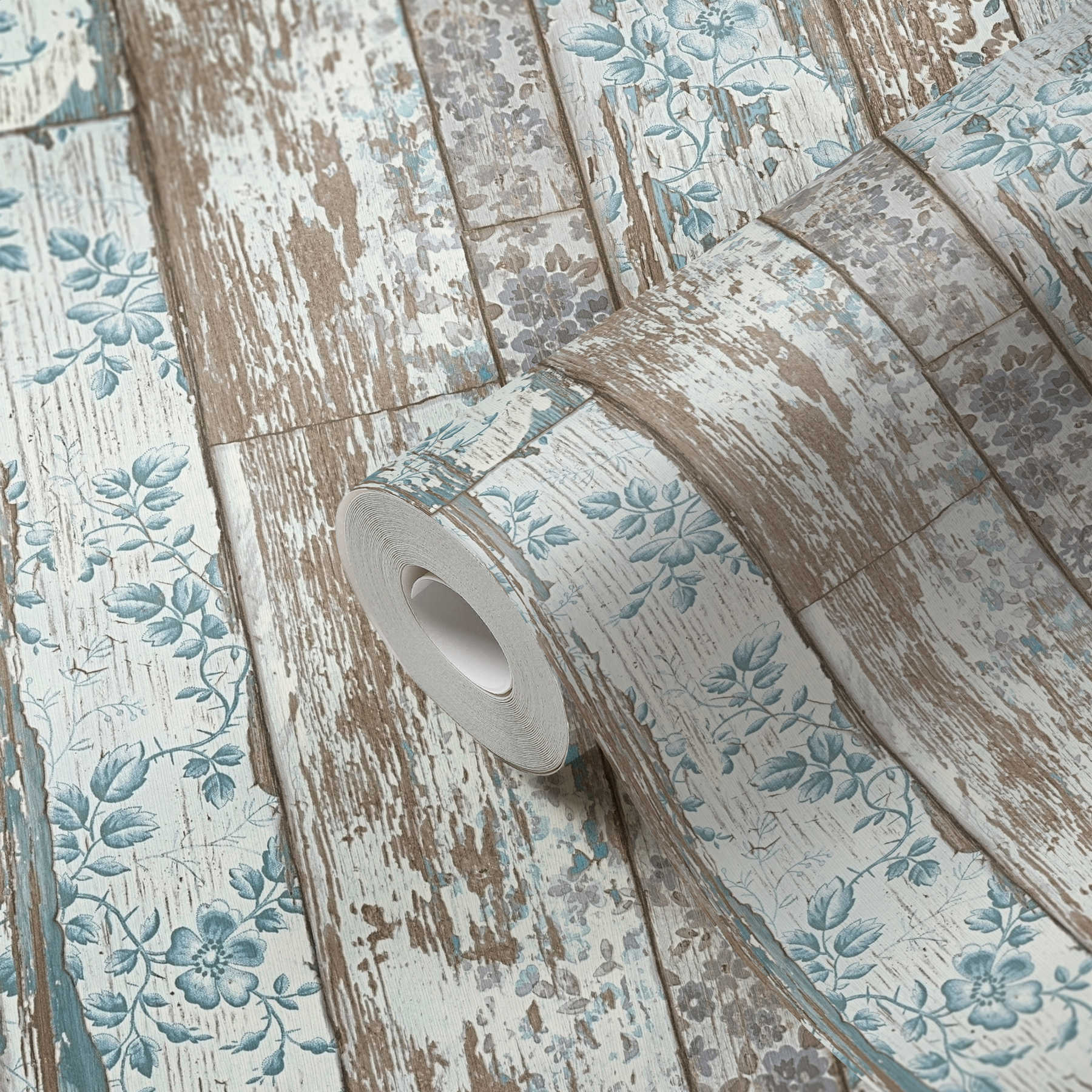             Papier peint rustique imitation planche avec imprimé floral vintage - bleu, marron, gris
        