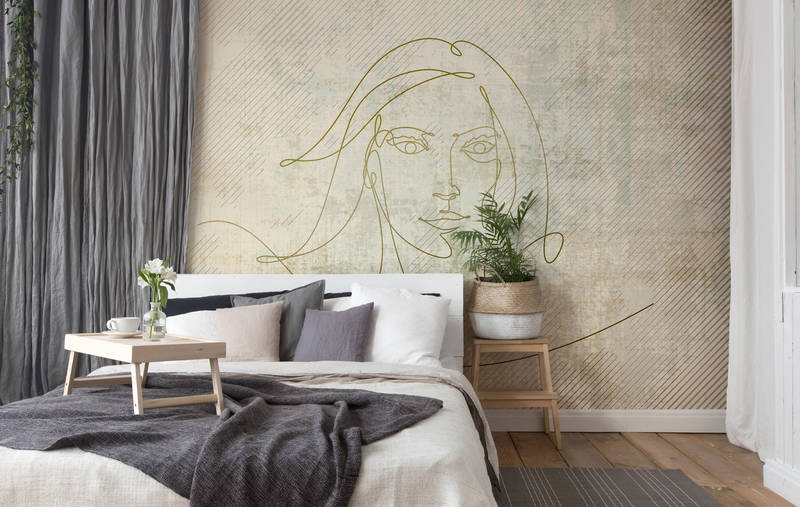             Papier peint panoramique moderne look usé avec design de lignes dorées - crème, vert, gris
        