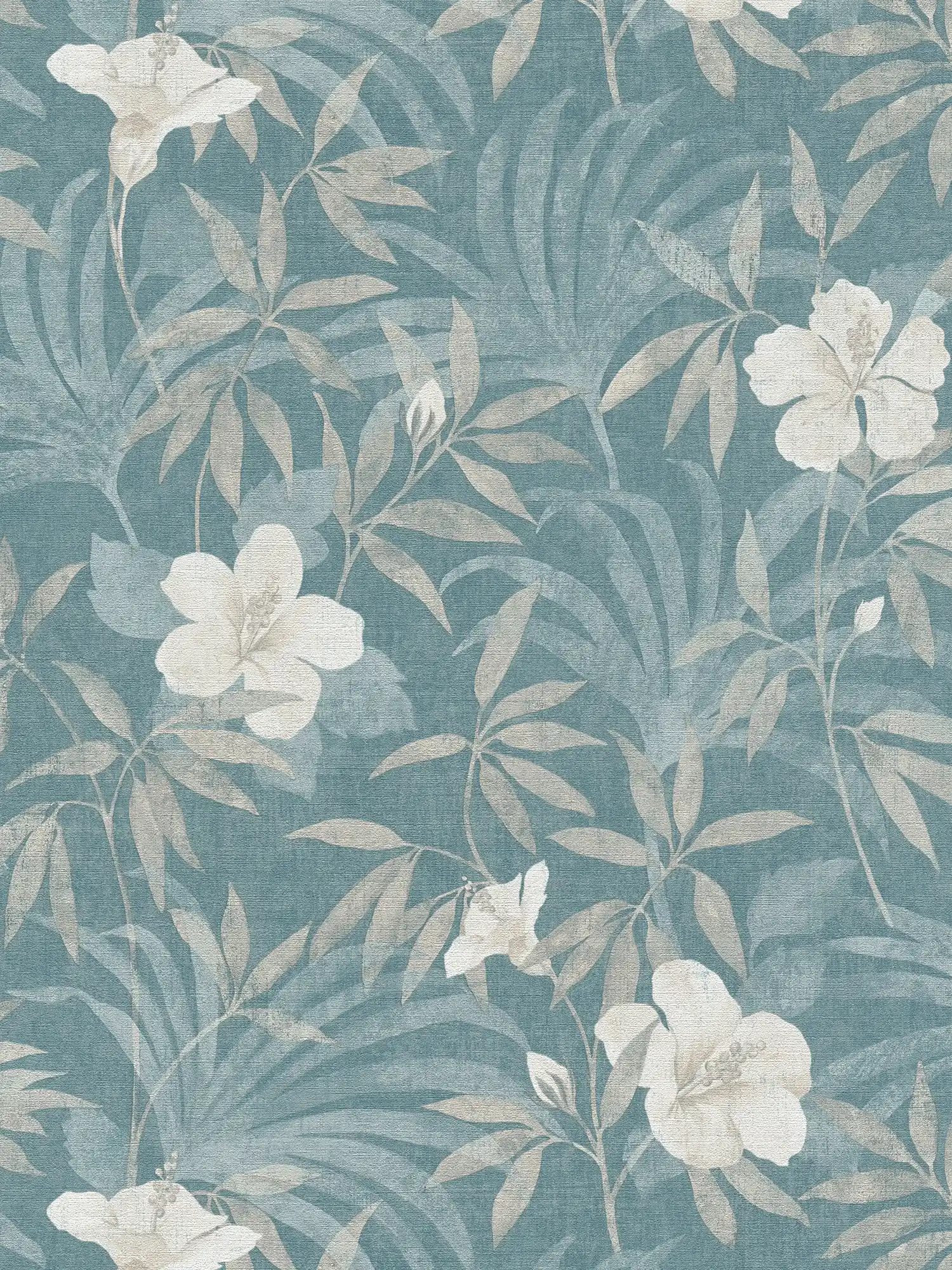         Wallpaper petrol jungle pattern with hibiscus flowers - beige, blue
    