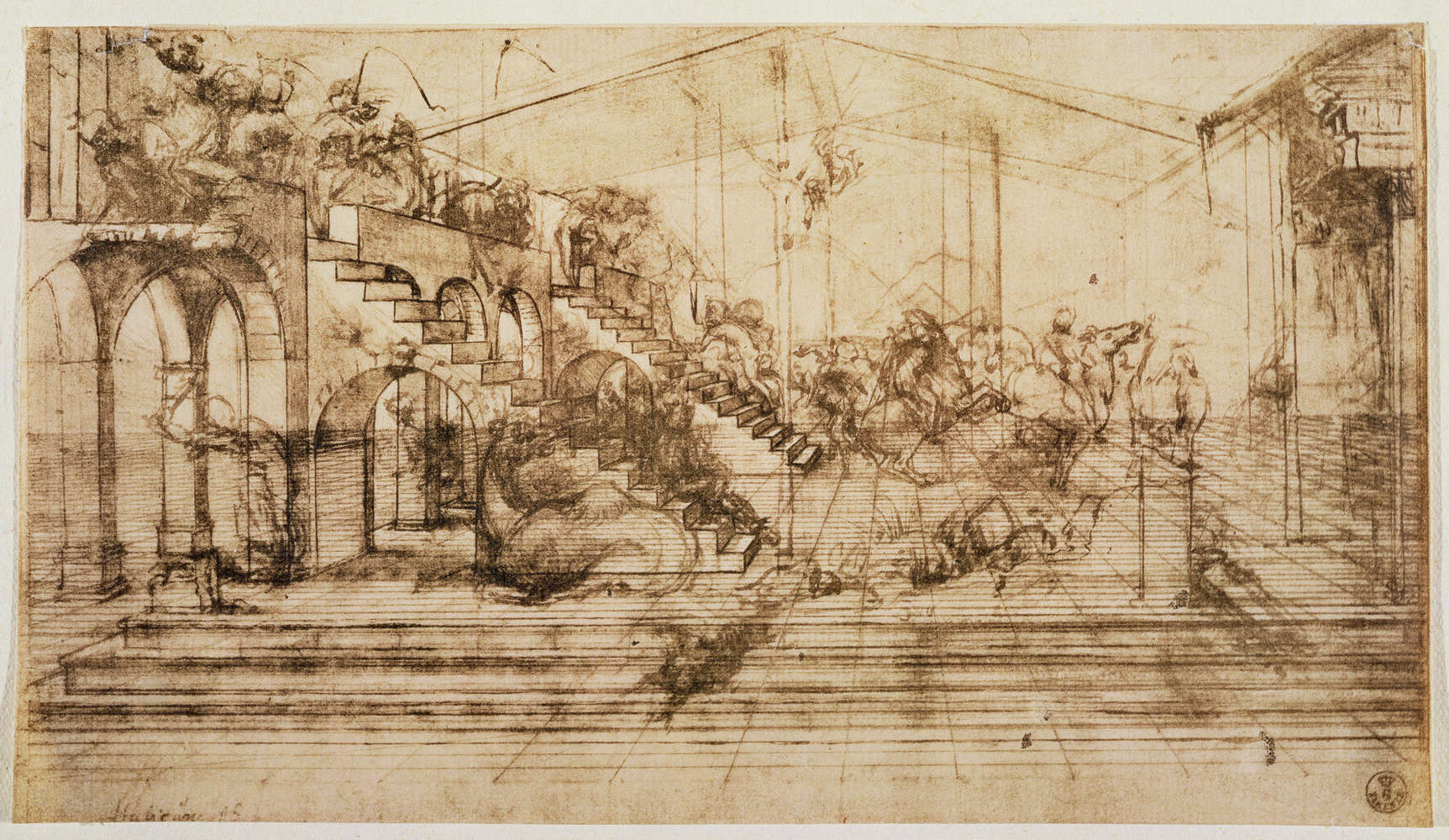             Muurschildering "Perspectiefstudie voor de achtergrond van de Aanbidding der Koningen" door Leonardo da Vinci
        