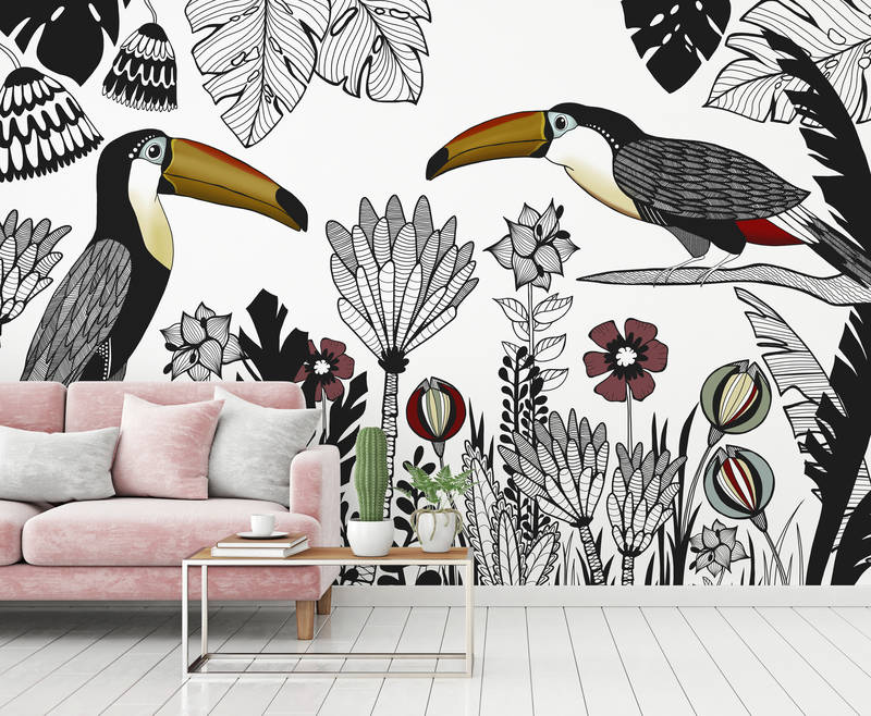             Bird mural toucan with tropical pattern in drawing style
        