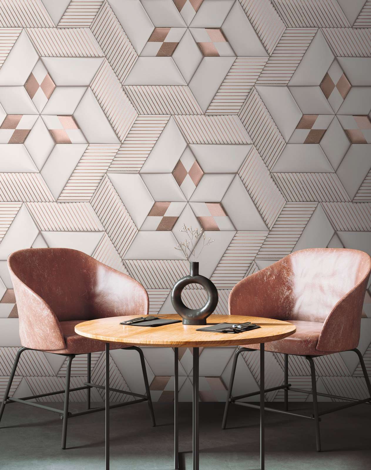             Non-woven wallpaper with abstract 3D pattern - white, cream, bronze
        