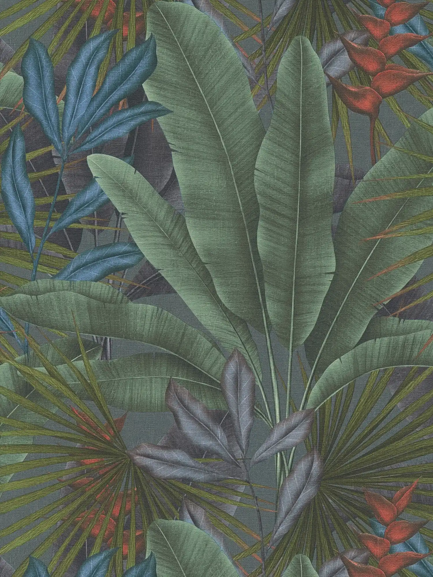 Vliesbehang met jungle bladmotief en kleurrijke accenten - grijs, groen, rood
