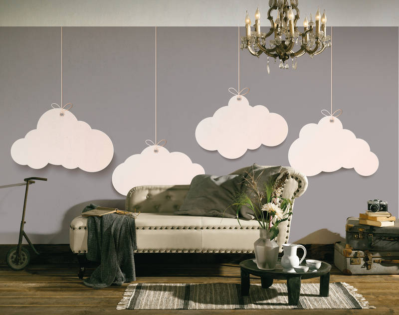             Papel Pintado Nubes para la Habitación de los Niños - Gris, Blanco
        