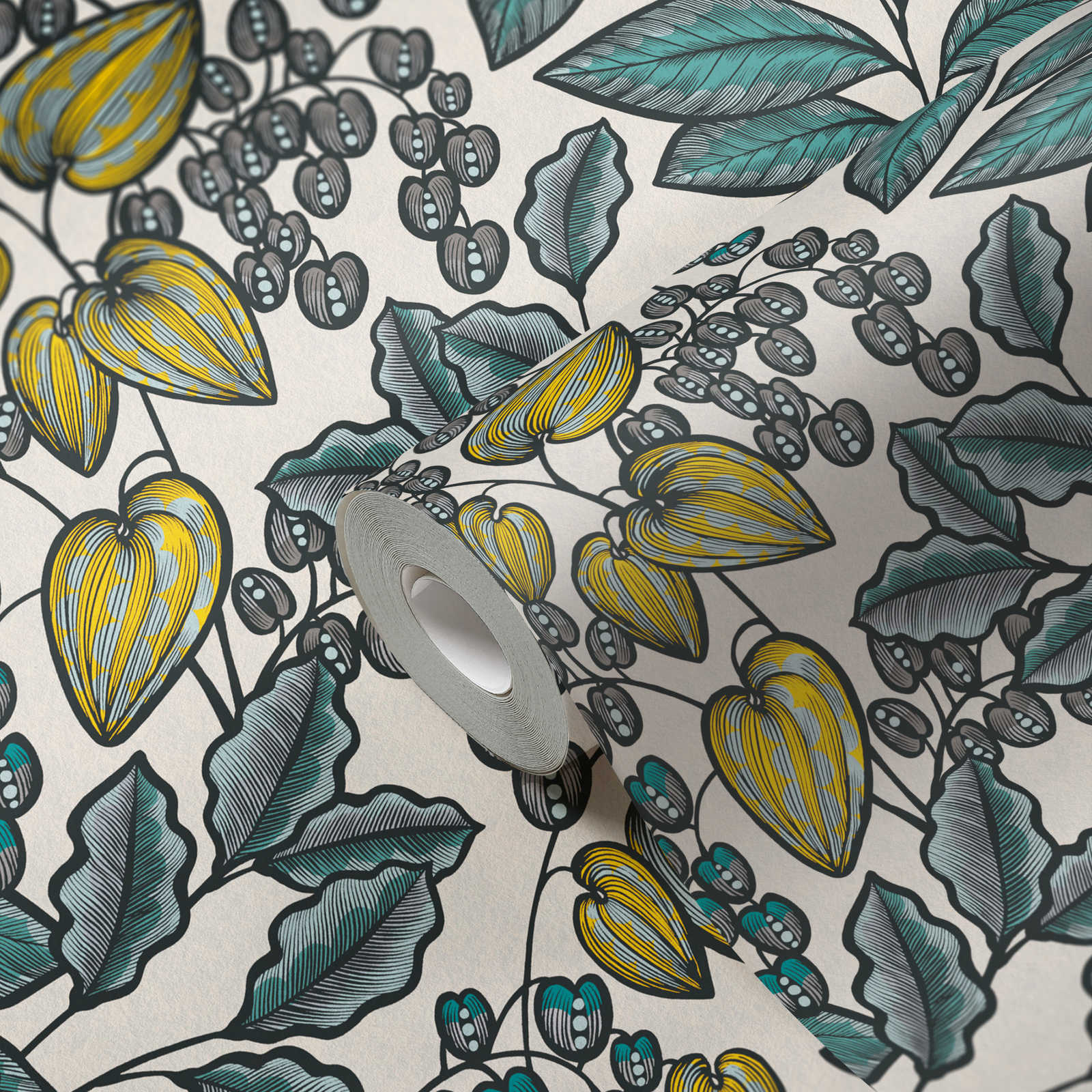             Papel pintado no tejido con diseño de hojas de aspecto escandinavo - azul, blanco, amarillo
        