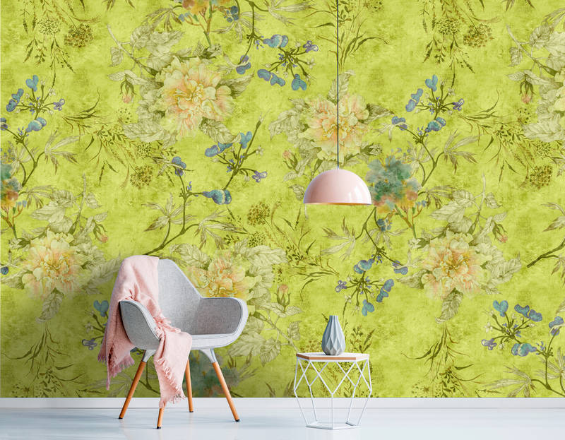             Tenderblossom 1 - Papier peint panoramique avec rinceaux de fleurs modernes à structure rayée - Vert | À structure Intissé
        