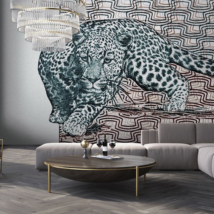 papier peint en papier »yugana« - léopard devant un motif abstrait - structure papier kraft | intissé légèrement structuré
