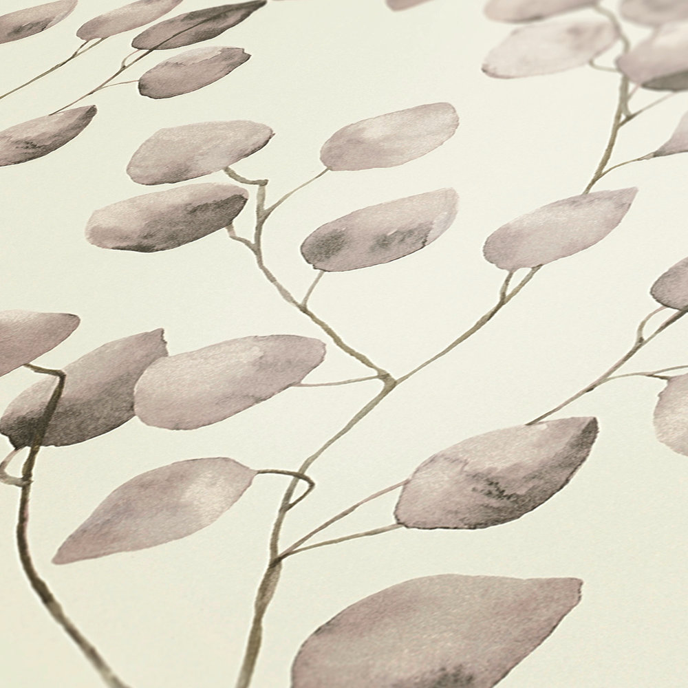             Carta da parati in stile acquerello "Tendini di foglie" - beige, crema, bianco
        