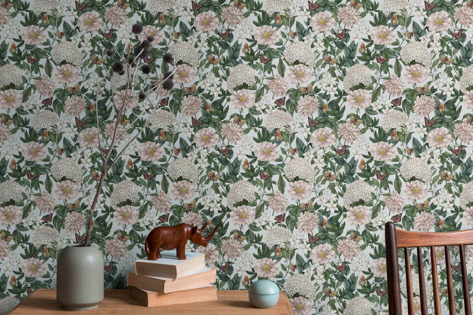             Modern wallpaper floral with animals & flowers textured matt - light grey, white, dark green
        
