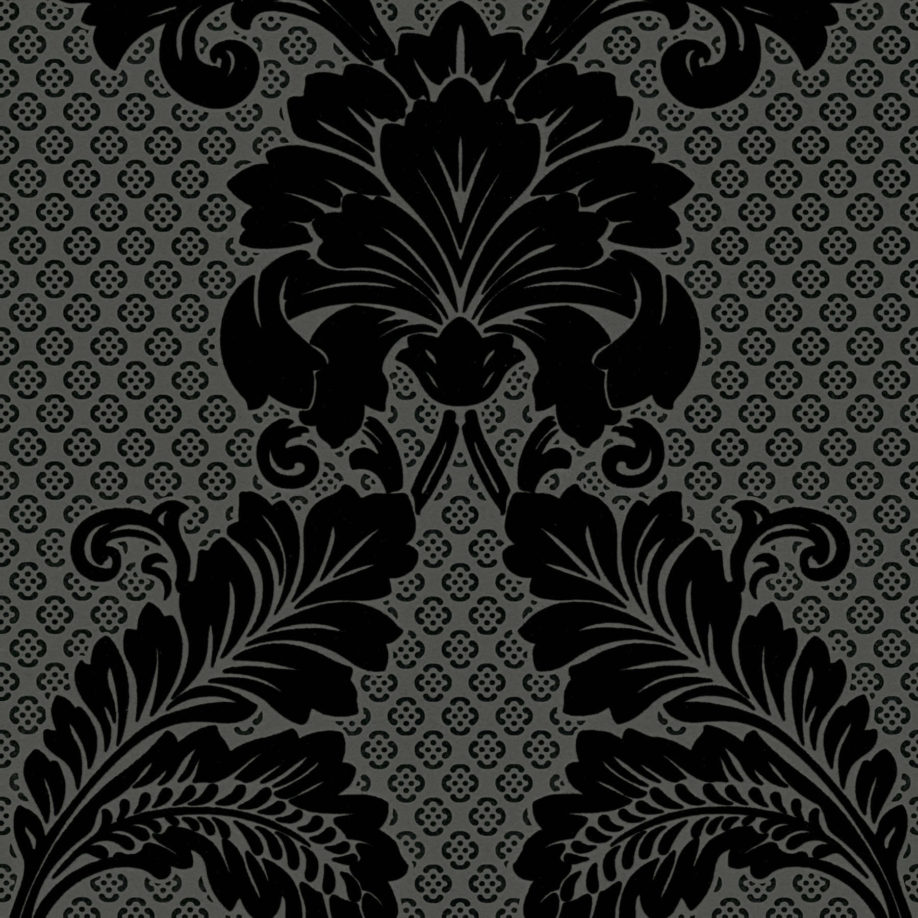         Patterned ornamental wallpaper with large floral motif - black, grey
    