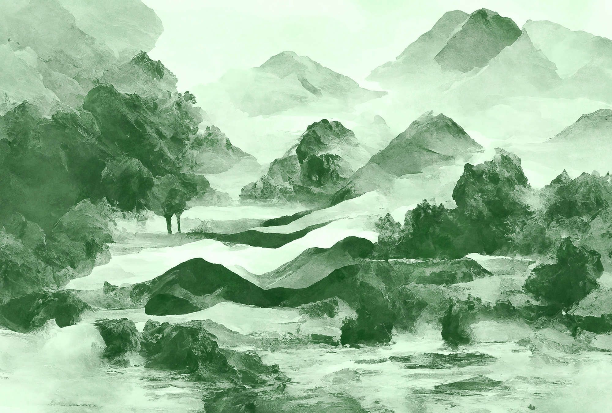             Photo wallpaper »tinterra 2« - Landscape with mountains & fog - Green | Smooth, slightly shiny premium non-woven fabric
        