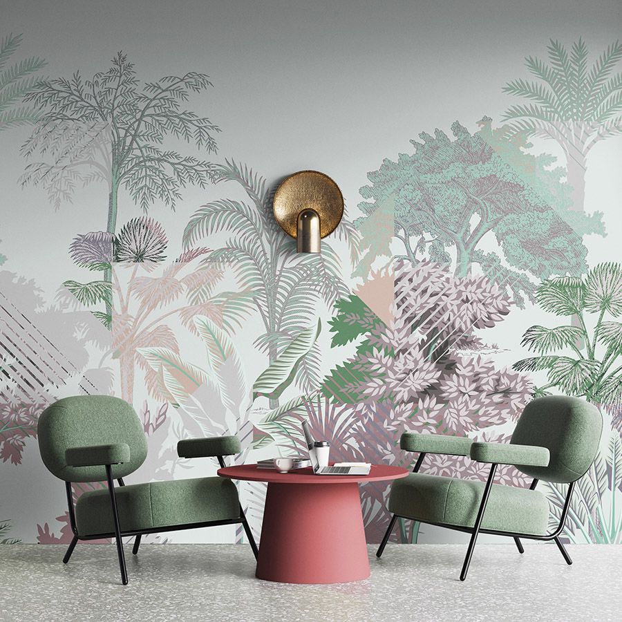 papier peint en papier panoramique »esplanade 1« - jungle patchwork avec arbustes - vert, rose | Intissé premium lisse et légèrement brillant
