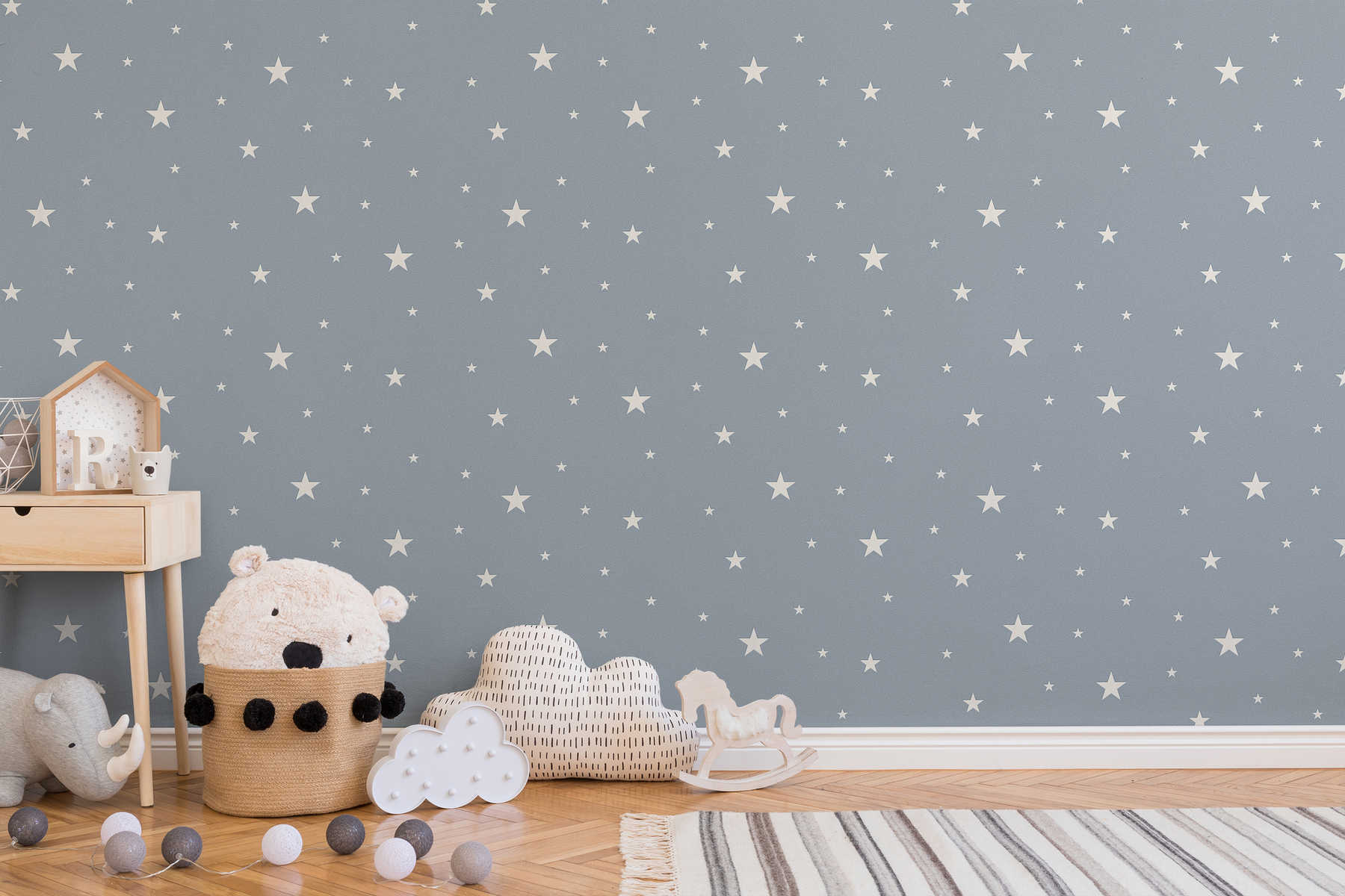             Glow effect nursery wallpaper with luminescent stars - smoke blue
        