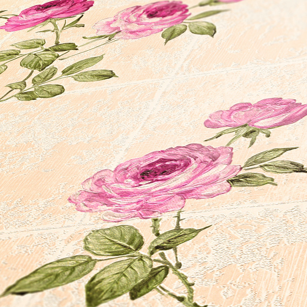             Carta da parati effetto piastrelle con tralci di rose - beige, verde, rosa
        