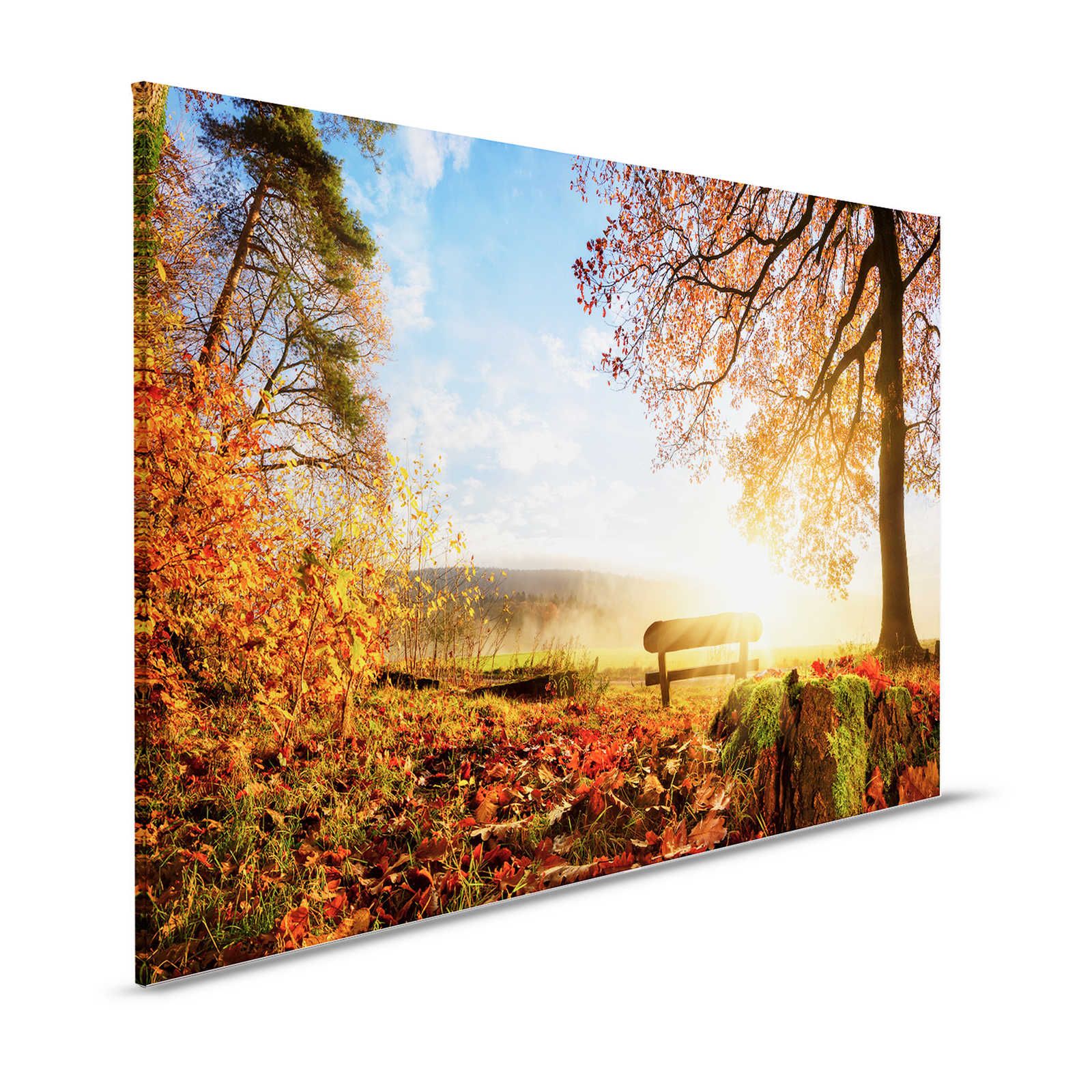 Canvas painting Bench in the forest on an autumn morning - 1.20 m x 0.80 m
