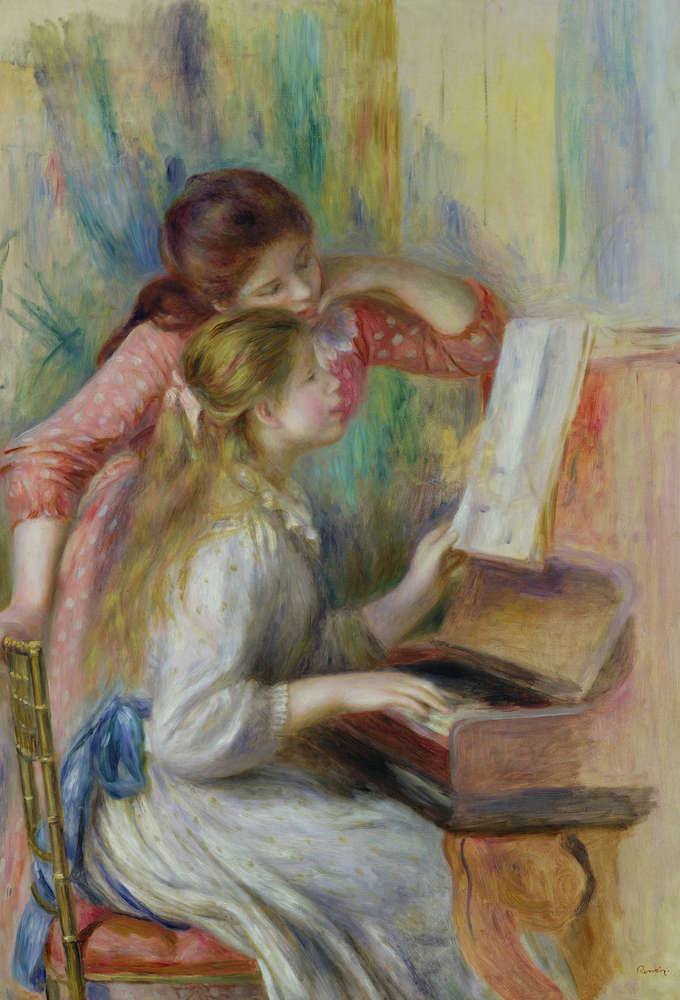             Ragazze al pianoforte" murale di Pierre Auguste Renoir
        