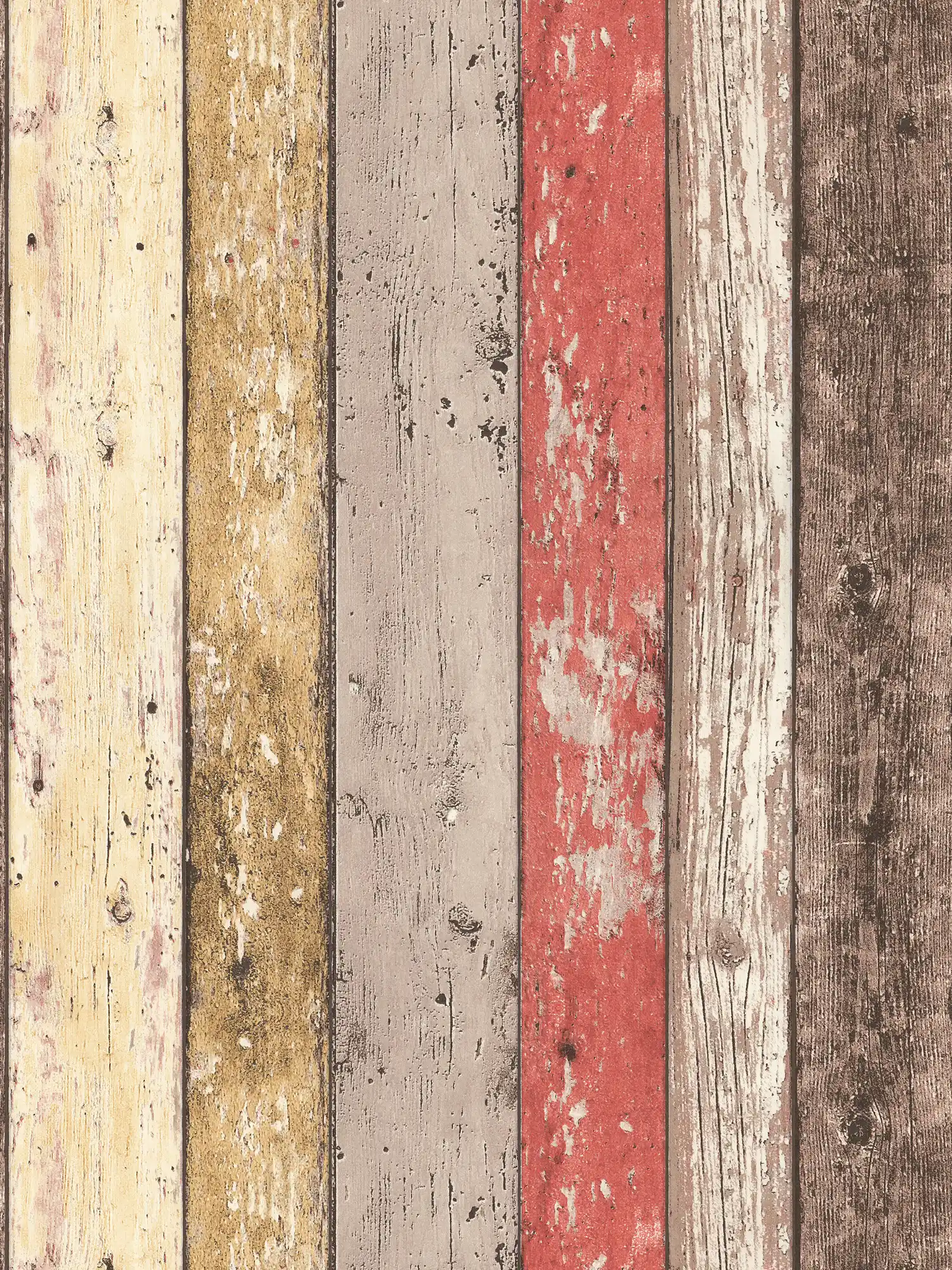 Papier peint bois avec aspect usé pour style vintage & maison de campagne - marron, rouge, beige
