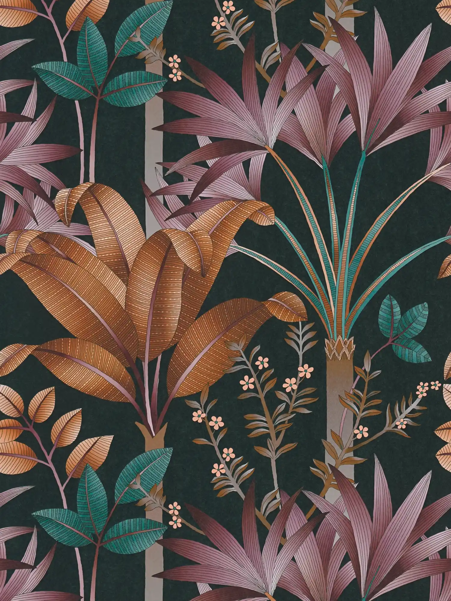 Papier peint intissé floral avec motif de feuilles - multicolore, noir, orange
