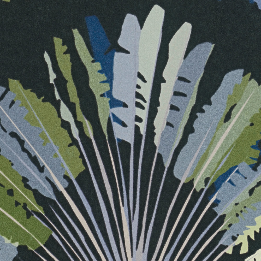             Carta da parati scura con disegno di palme e stampa di motivi - verde, nero, blu
        
