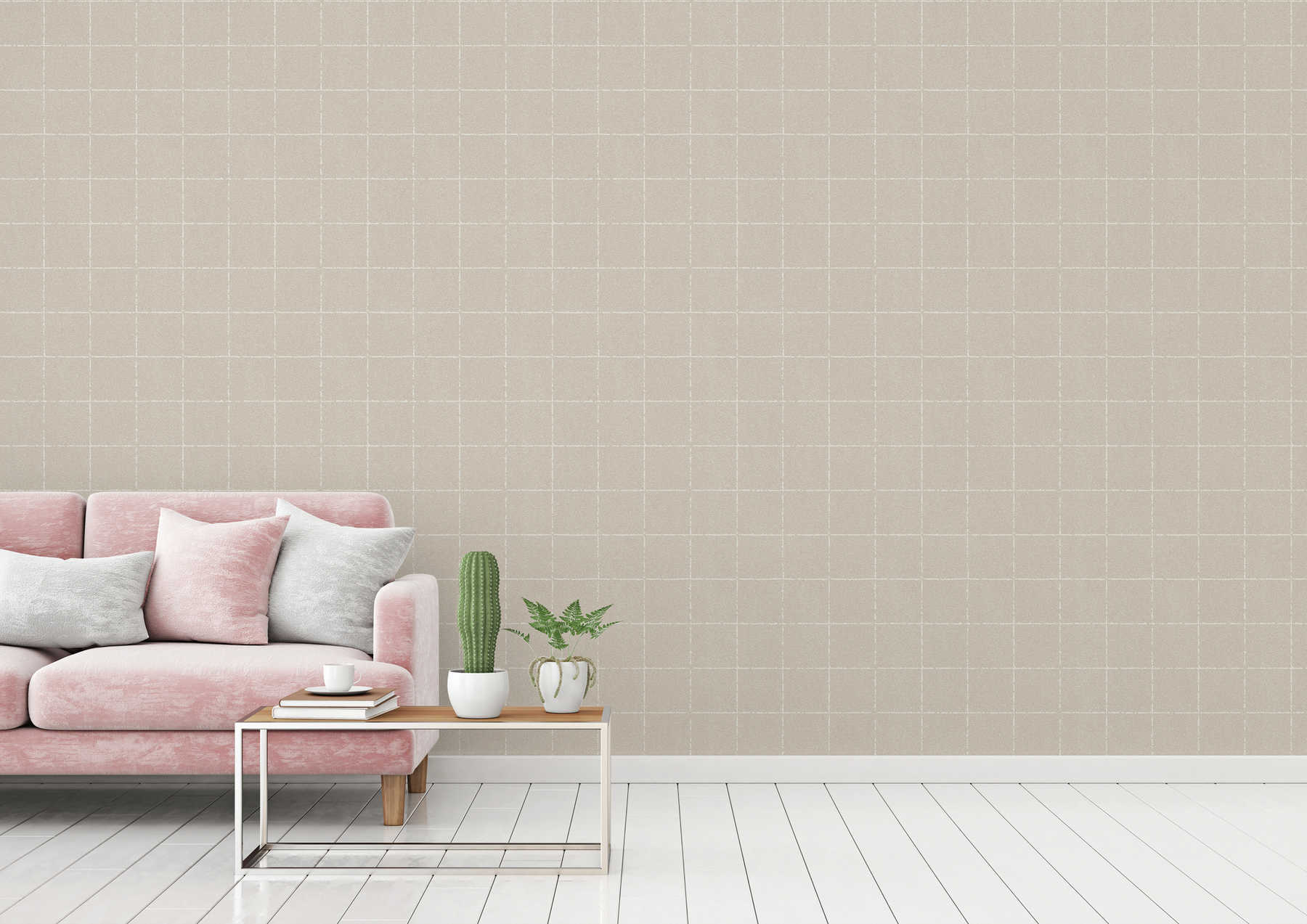             Checkered wallpaper in textile optics, textured - beige, cream, brown
        
